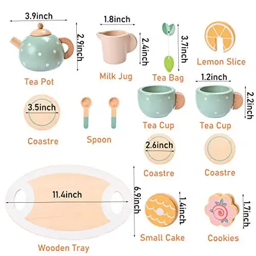 15pcs Wooden Tea Set for Little Girls, MONT PLEASANT Wooden Toys, Toddler Tea Set Play Kitchen Accessories Play Food playset for Kids Tea Party - 36