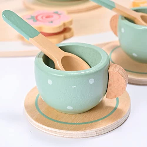 15pcs Wooden Tea Set for Little Girls, MONT PLEASANT Wooden Toys, Toddler Tea Set Play Kitchen Accessories Play Food playset for Kids Tea Party - 16