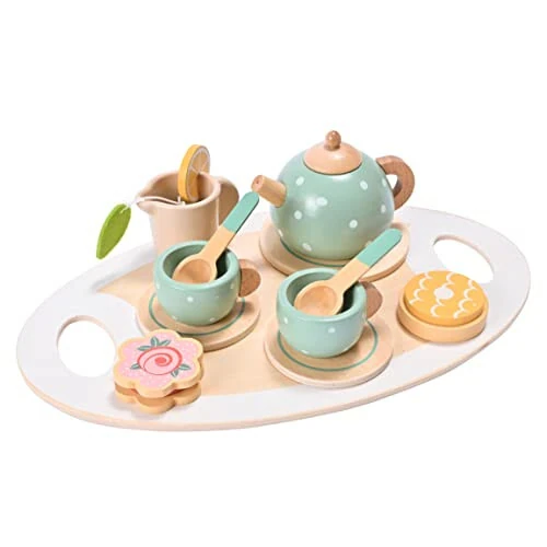 15pcs Wooden Tea Set for Little Girls, MONT PLEASANT Wooden Toys, Toddler Tea Set Play Kitchen Accessories Play Food playset for Kids Tea Party - 15pcs