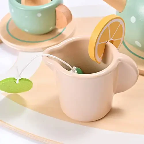 15pcs Wooden Tea Set for Little Girls, MONT PLEASANT Wooden Toys, Toddler Tea Set Play Kitchen Accessories Play Food playset for Kids Tea Party - 5