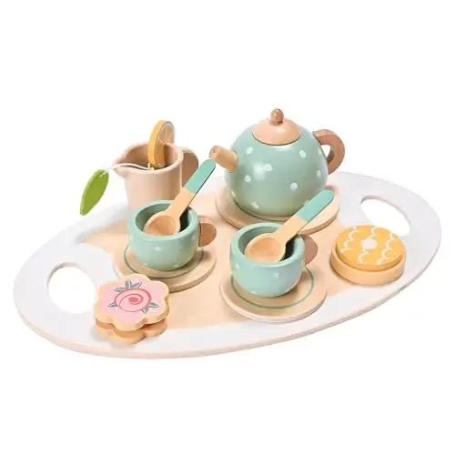 15pcs Wooden Tea Set for Little Girls, MONT PLEASANT Wooden Toys, Toddler Tea Set Play Kitchen Accessories Play Food playset for Kids Tea Party - 1