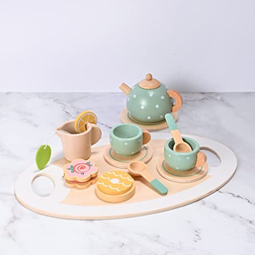 15pcs Wooden Tea Set for Little Girls, MONT PLEASANT Wooden Toys, Toddler Tea Set Play Kitchen Accessories Play Food playset for Kids Tea Party - 27