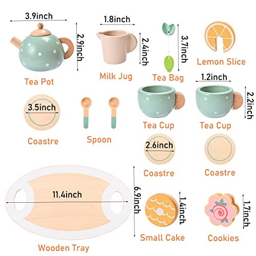 15pcs Wooden Tea Set for Little Girls, MONT PLEASANT Wooden Toys, Toddler Tea Set Play Kitchen Accessories Play Food playset for Kids Tea Party - 24
