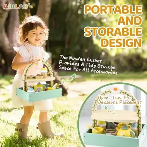 Wooden Tea Sets for Little Girls Play Food Cake Toys Toddlers 3-5 Kitchen Accessories Pretend Play Princess Playset for 3 4 5 6 Year Old Girl Boy Party Birthday Gift - 3