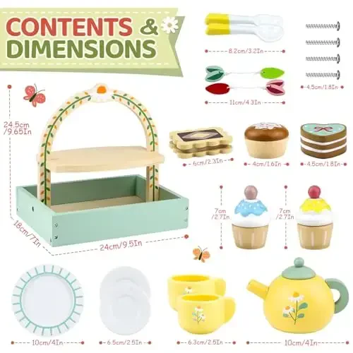 Wooden Tea Sets for Little Girls Play Food Cake Toys Toddlers 3-5 Kitchen Accessories Pretend Play Princess Playset for 3 4 5 6 Year Old Girl Boy Party Birthday Gift - 5