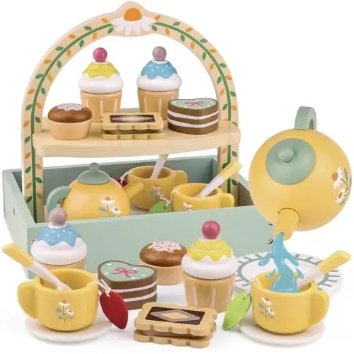Wooden Tea Sets for Little Girls Play Food Cake Toys Toddlers 3-5 Kitchen Accessories Pretend Play Princess Playset for 3 4 5 6 Year Old Girl Boy Party Birthday Gift 