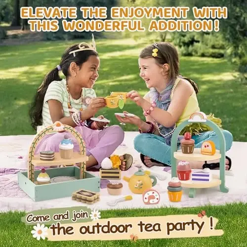 Wooden Tea Sets for Little Girls Play Food Cake Toys Toddlers 3-5 Kitchen Accessories Pretend Play Princess Playset for 3 4 5 6 Year Old Girl Boy Party Birthday Gift - 5