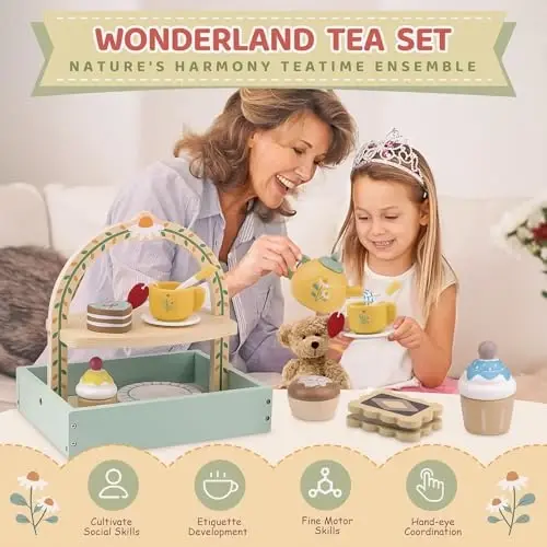 Wooden Tea Sets for Little Girls Play Food Cake Toys Toddlers 3-5 Kitchen Accessories Pretend Play Princess Playset for 3 4 5 6 Year Old Girl Boy Party Birthday Gift - 6