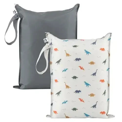 Tiny Twinkle Mess-Proof Waterproof Wet Dry Bag | 2-Pack Reusable Wet Bags for Swimsuits & Baby Clothes | Leakproof Wet Bag for Travel & Diaper Changes for Baby (Dinosaur) - 1