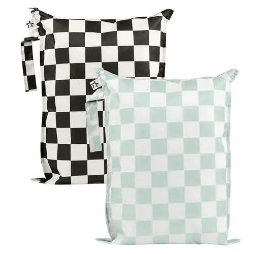 Tiny Twinkle Wet Dry Bag – 2 Pack Reusable Waterproof & Mess Proof Wet Bags for Swimsuits & Travel, Baby Towels & Beach Essentials,a Diaper Bag Must-Have(Black, Green Checkers) - MODAZONE