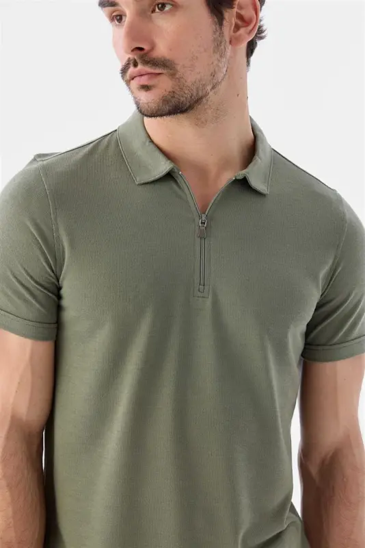 Küf Yeşili Fermuarlı Slim Fit Polo Yaka T-Shirt - 3
