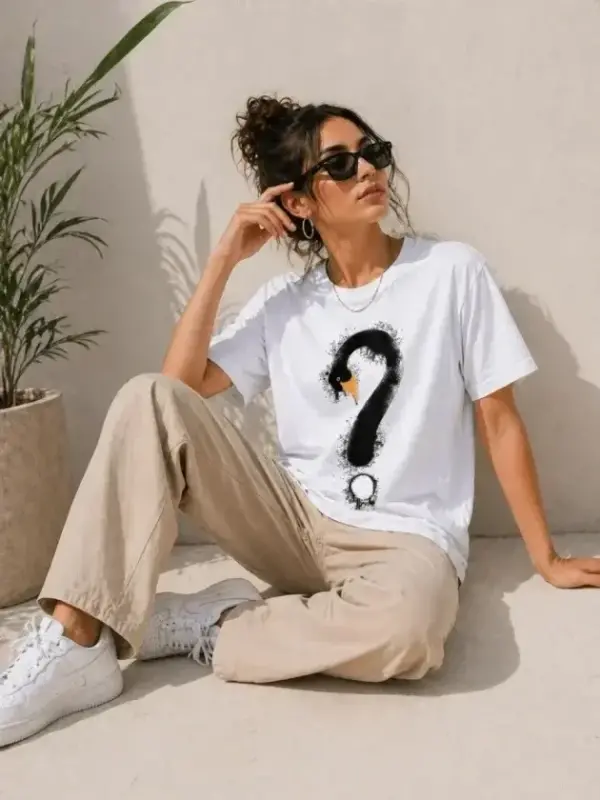 Kuğu Figürlü Soru İşareti Baskılı Tişört Kısa Kol T-Shirt - Beyaz - BÜYÜKBEDENIZ