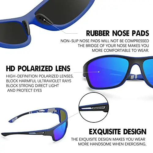KUGUAOK Erkaklar uchun polarlangan sport quyoshdan saqlaydigan ko'zoynaklari Haydash Velosipedda yurish Baliq ovlash Quyoshdan saqlaydigan ko'zoynaklar 100% UV himoyasi Goggles - 5