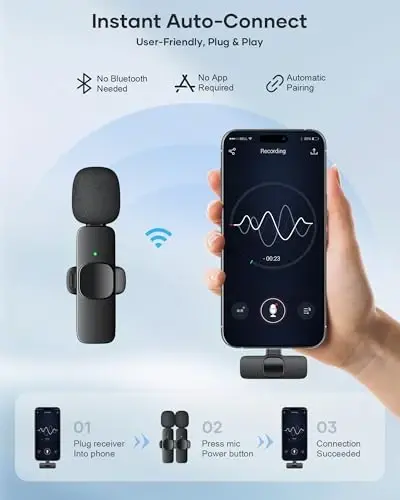 KUKIHO 2 Pack Беспроводной петличный микрофон для iPhone iPad и Android Phone, Петличный микрофон Plug and Play Беспроводной микрофон Шумоподавление Микрофон для записи видео Интервью Подкаст Vlog YouTube Tiktok - 5
