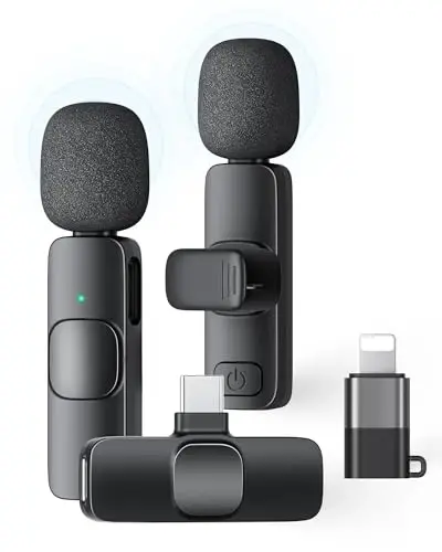 KUKIHO 2 Pack Wireless Lavalier Microphone for iPhone iPad and Android Phone, Lapel Mic Plug and Play Wireless Mic Noise Reduction Microphone for Video Recording Interview Podcast Vlog YouTube Tiktok 