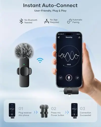 KUKIHO 3-in-1 Wireless Lavalier Microphone for iPhone, iPad, Android, Camera - Noise-Canceling Mini Mic with 2.4G Ultra-Low Latency for Vlog, TikTok & YouTube Streaming (2 Mics) - 2