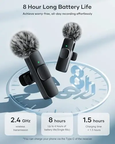 KUKIHO iPhone, iPad, Android va Kamera uchun 3-in-1 Simsiz Lavalier Mikrofon - Vlog, TikTok va YouTube translatsiyasi uchun 2.4G Ultra-Past Kechikishli Shovqinni Bekor qiluvchi Mini Mikrofon (2 ta Mikrofon) - 6