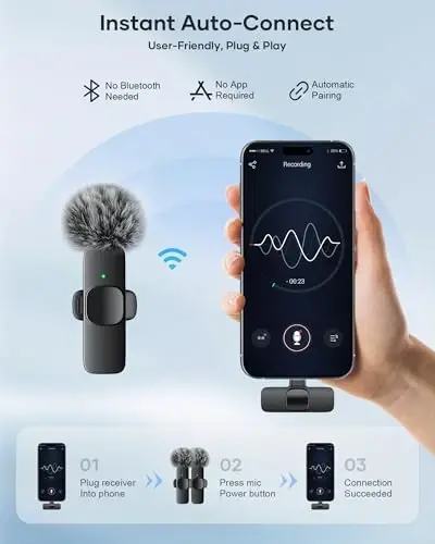 KUKIHO iPhone, iPad ve Android Telefonlar için Kablosuz Yaka Mikrofonu, 2'li Paket Video Kaydı, Röportaj ve Podcast için Tak ve Çalıştır Gürültü Engelleyici Kablosuz Mikrofon (Siyah) - 2