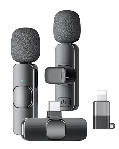 KUKIHO Wireless Lavalier Microphone for iPhone iPad and Android Phone, 2 Pack Lapel Mic Plug and Play Wireless Mic Noise Reduction Microphone for Video Recording Interview Podcast (Black) 