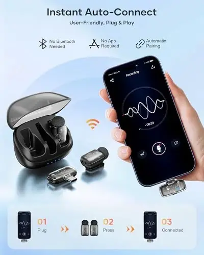 KUKIHO Mini 2 Wireless Lavalier Microphones for iPhone 15/16/17 & Android, 3-Level Noise Reduction, Plug & Play, 36H Battery with Charging Case, Wireless Lapel Mic for Video Recording, Vlogging - 2
