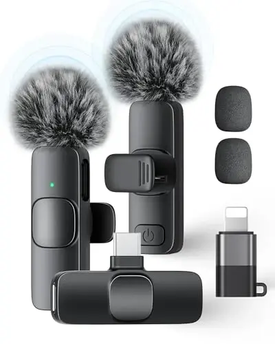 KUKIHO Wireless Lavalier Microphone for iPhone iPad and Android Phone, 2 Pack Lapel Mic Plug and Play Wireless Mic Noise Reduction Microphone for Video Recording Interview Podcast (Black) - 1