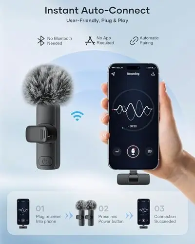 KUKIHO Wireless Lavalier Microphone for iPhone iPad Android, 2 Pack Noise Reduction Lapel Mic Plug and Play for Video Recording Interview Podcast YouTube (Black) - KUKIHO (1)