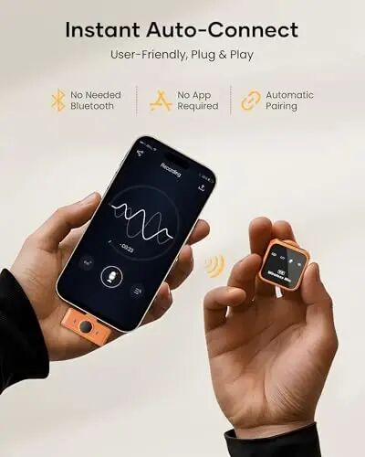 KUKIHO Wireless Lavalier Microphone for iPhone iPad Android with Charging Case 80h Battery Life, Noise Cancellation, 164ft Range Plug-Play Clip On Lapel Mic for YouTube, Video Recording, Vlog (Orange - KUKIHO (1)
