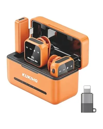 KUKIHO Wireless Lavalier Microphone for iPhone iPad Android with Charging Case 80h Battery Life, Noise Cancellation, 164ft Range Plug-Play Clip On Lapel Mic for YouTube, Video Recording, Vlog (Orange - 1