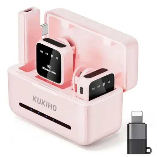 KUKIHO Wireless Lavalier Microphone for iPhone iPad Android with Charging Case 80h Battery Life, Noise Cancellation, 164ft Range Plug-Play Clip On Lapel Mic for YouTube, Video Recording, Vlog (Pink) - 1