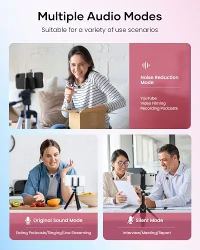 KUKIHO Wireless Lavalier Microphone for iPhone iPad Android with Charging Case 80h Battery Life, Noise Cancellation, 164ft Range Plug-Play Clip On Lapel Mic for YouTube, Video Recording, Vlog (Pink) - 3