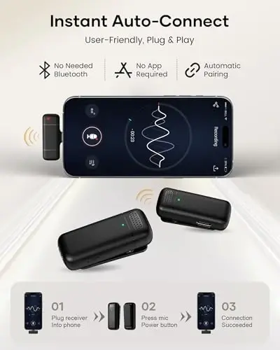KUKIHO Zaryadlash qutisi bilan simsiz yelkali mikrofon, 36 soatlik batareya muddati, shovqinni bekor qilish, 135 fut diapazoni, iPhone, iPad, Android, YouTube, Vlog, Jonli efir uchun Plug-and-Play Clip-On mikrofon - 2