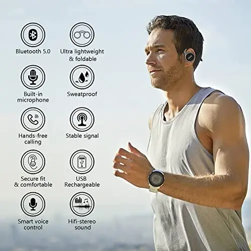 itayak Behind The Head Headphones, Bluetooth 5.0 Neckband Around Head Headphones Lightweight Small Foldable Wireless Sports Sweatproof Headset with Microphone & Carrying Case (Black) - 3