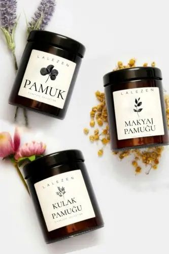 Kulak Pamugu - Makyaj Pamuğu - Pamuk Etiketli Plastik Amber Kavanoz Banyo Düzenleyici-KMP 