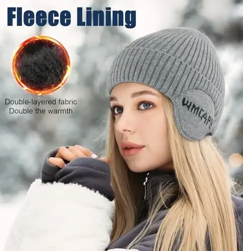 Wmcaps Fleece Line Beanie with Earflap,Winter Knitted Hat for Men Women Stocking Caps for Cold Weather - 3