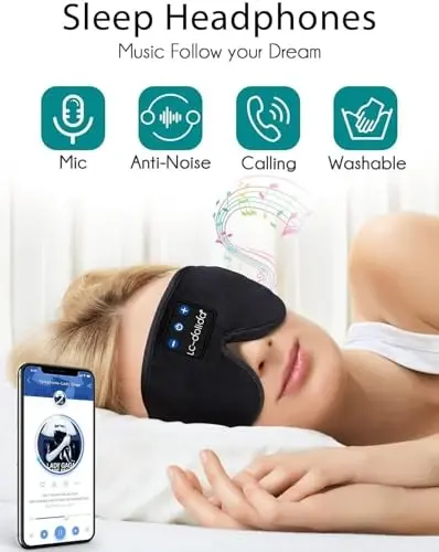 Sleep Mask with Headphones Bluetooth 5.4, LC-dolida Wireless Music Eye Mask for Sleeping Headphones with Soft Silk Cooling Breathable,Ultra-Thin Stereo Speaker for Side Sleepers-Raven - 2