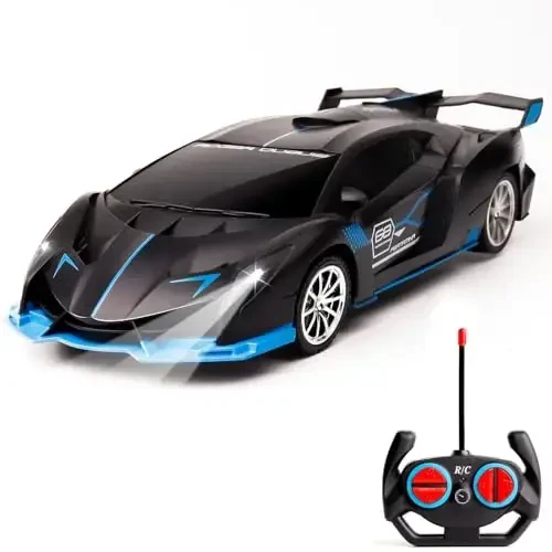 KULARIWORLD Remote Control Car for Boys Fast 1/18 Scale Rechargeable RC Vehicle Cars Toys Xmas Gifts for Kids High Speed with Headlights (Black Blue) - KULARIWORLD (1)