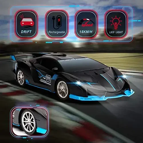 KULARIWORLD Remote Control Car for Boys Fast 1/18 Scale Rechargeable RC Vehicle Cars Toys Xmas Gifts for Kids High Speed with Headlights (Black Blue) - 3