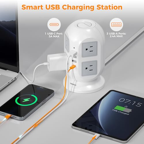 Kule Gerilim Koruyucu Priz Şeridi 10 ft, TESSAN Uzun Düz Uzatma Kablosu Çoklu Çıkışlı, 8 AC Priz 4 USB Bağlantı Noktası (1 USB C) ile, Gerilim Koruma Özelliğiyle Şarj İstasyonu, Ev Ofis Yurt Odası İçin - 3