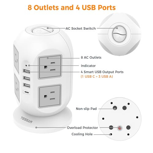 Kule Gerilim Koruyucu Priz Şeridi 10 ft, TESSAN Uzun Düz Uzatma Kablosu Çoklu Çıkışlı, 8 AC Priz 4 USB Bağlantı Noktası (1 USB C) ile, Gerilim Koruma Özelliğiyle Şarj İstasyonu, Ev Ofis Yurt Odası İçin - 5