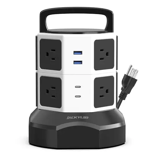 Tower Surge Protector Power Strip, JACKYLED Extension Cord with Multiple Outlets, 8 Outlets 4 USB Ports(2 USB C) 1625W/13A Retractable Cord Charging Station with 1050J Protection, Home Office Supplies 