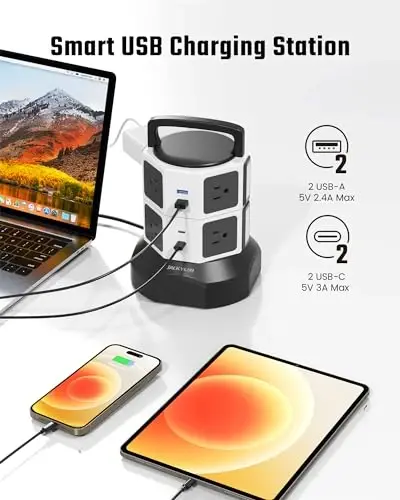 Tower Surge Protector Power Strip, JACKYLED Extension Cord with Multiple Outlets, 8 Outlets 4 USB Ports(2 USB C) 1625W/13A Retractable Cord Charging Station with 1050J Protection, Home Office Supplies - 2