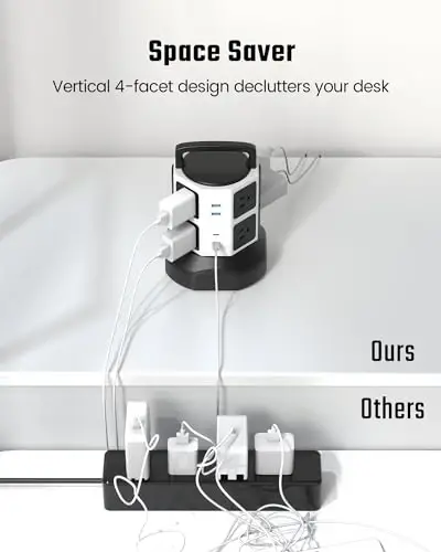 Tower Surge Protector Power Strip, JACKYLED Extension Cord with Multiple Outlets, 8 Outlets 4 USB Ports(2 USB C) 1625W/13A Retractable Cord Charging Station with 1050J Protection, Home Office Supplies - 5