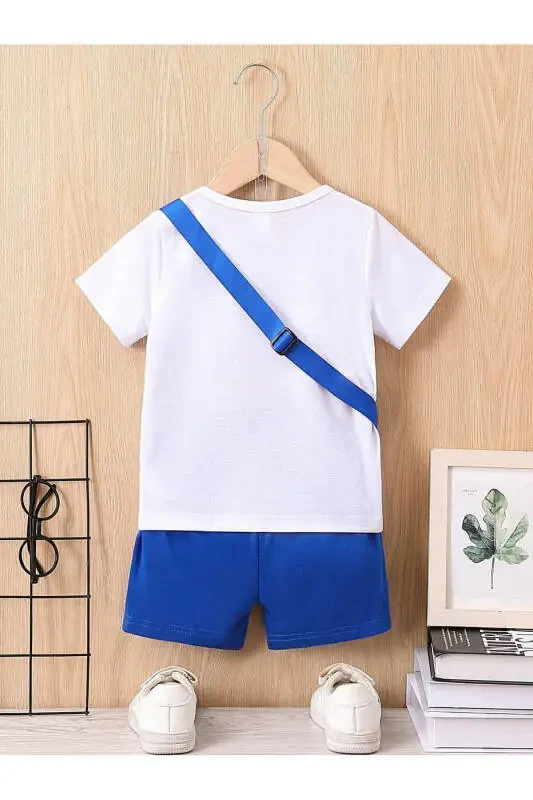 Kulgusi Yuzli Bolalar To'plami Oq T-shirt Ko'k Short Qiz Bola Velosiped Yoqasi Sumka Yo'q To'plamda - 3