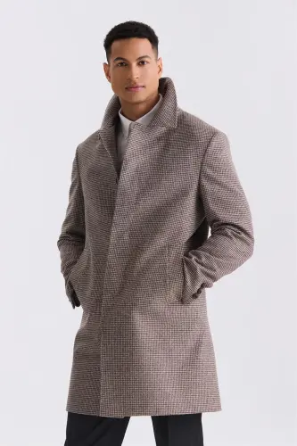 Kulrang Comfort Fit Barberi yoqali katakli naqshli junli kaşmir palto 