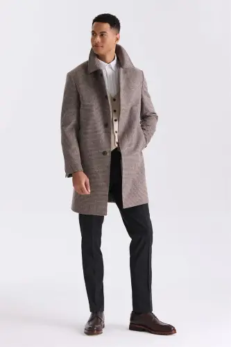 Kulrang Comfort Fit Barberi yoqali katakli naqshli junli kaşmir palto - 2