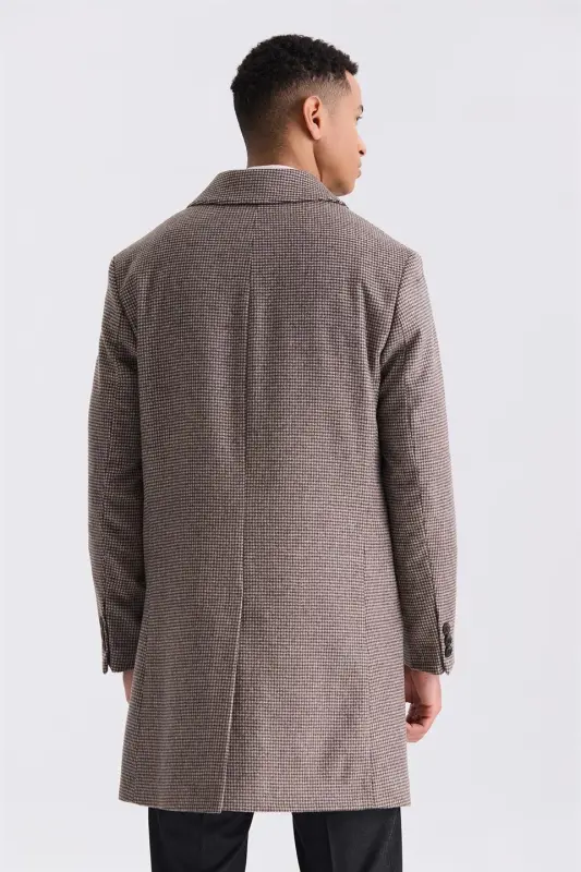 Kulrang Comfort Fit Barberi yoqali katakli naqshli junli kaşmir palto - 4