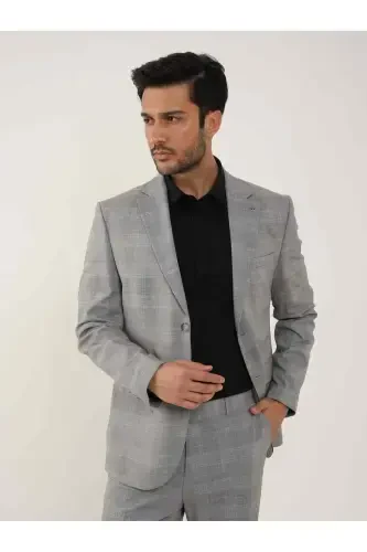 Kulrang Erkaklar Slim Fit Kletkali Yengil Yaka Kostyum - 95012 - DUFY (1)