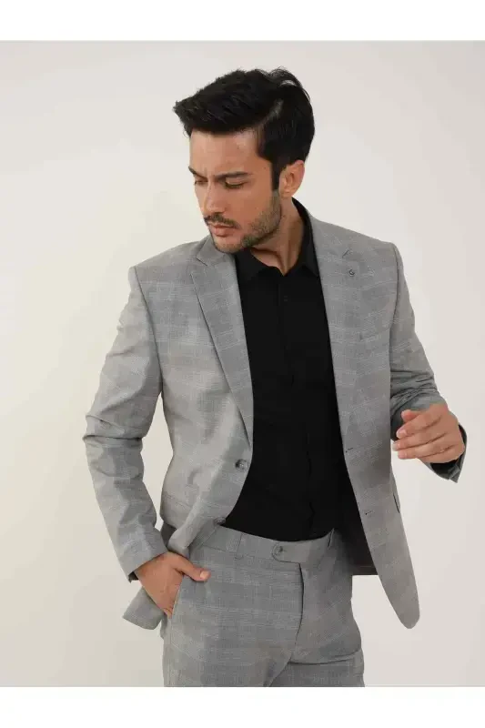Kulrang Erkaklar Slim Fit Kletkali Yengil Yaka Kostyum - 95012 - 3