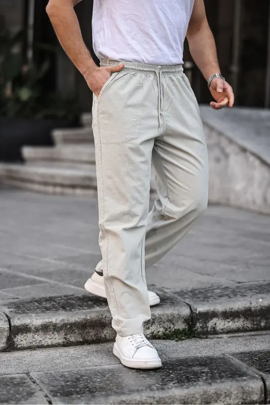 Kulrang erkaklar uchun yozgi zig'ir aralashmasidan tikilgan keng pantalon - Kulrang-Kulrang - 6