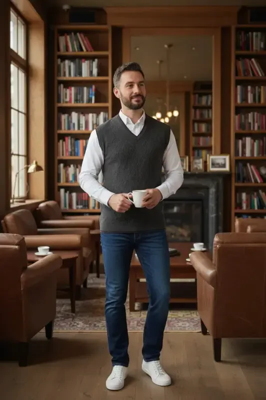 Kulrang erkaklar V yoqali trikotajdan to'qilgan tuklanmaydigan sviter, regular fasonli, o'rim naqshli - kulrang - 3